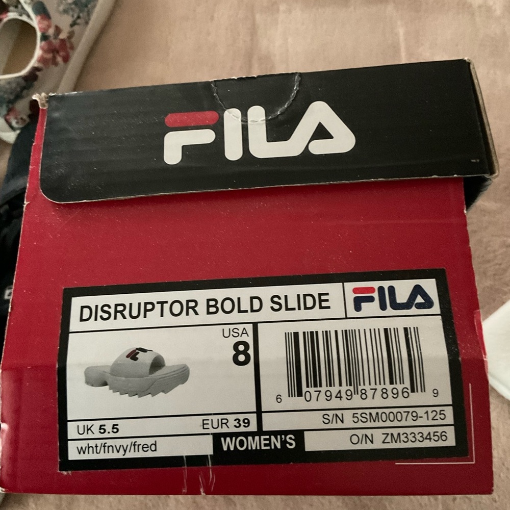 Fila Disruptor Bold Slide Sandals in White and Navy
